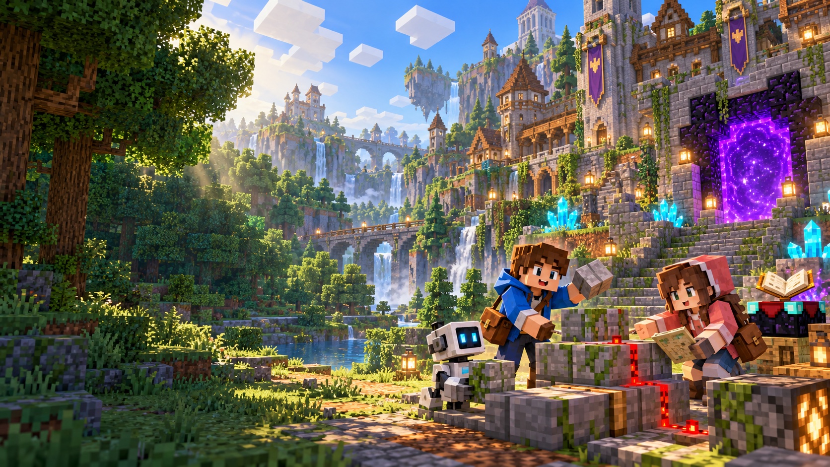 Minecraft 風格的森林魔法學院，兩位方塊冒險者與機器人在傳送門前合作建造
