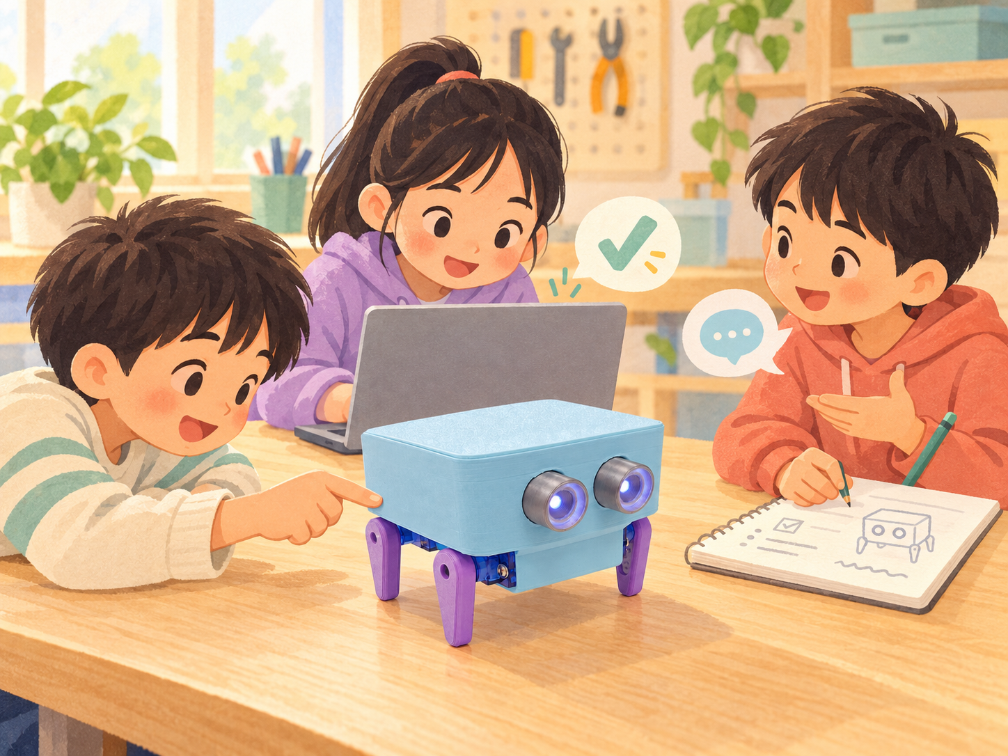 學習情境插畫:孩子觀察四足機器人、操作朝向自己的筆電、記錄測試結果並分享想法
